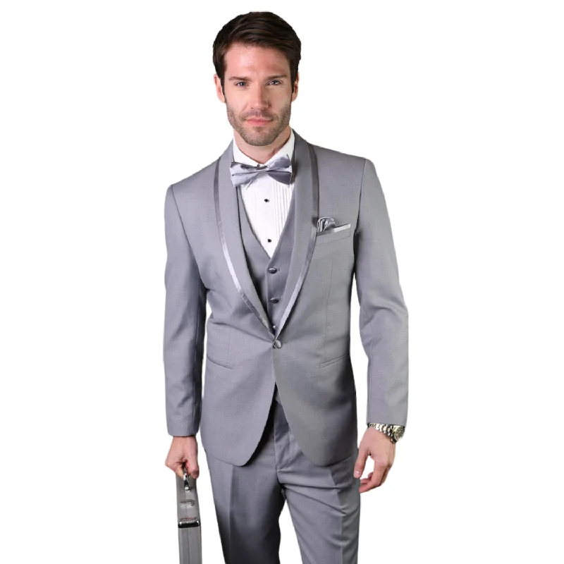 Casual Layers Eliot Collection: 3PC Grey Tuxedo with Flat Front Pants and Matching Bow Tie