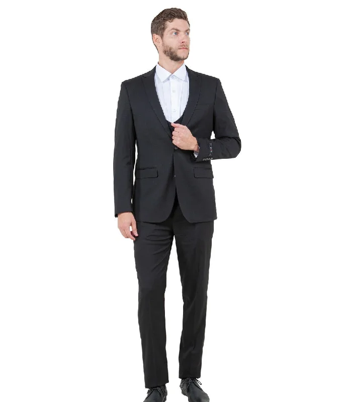 Modern Hoodies Midas Collection: Ultra Slim Three-Piece Suit with Peak Lapel in Black