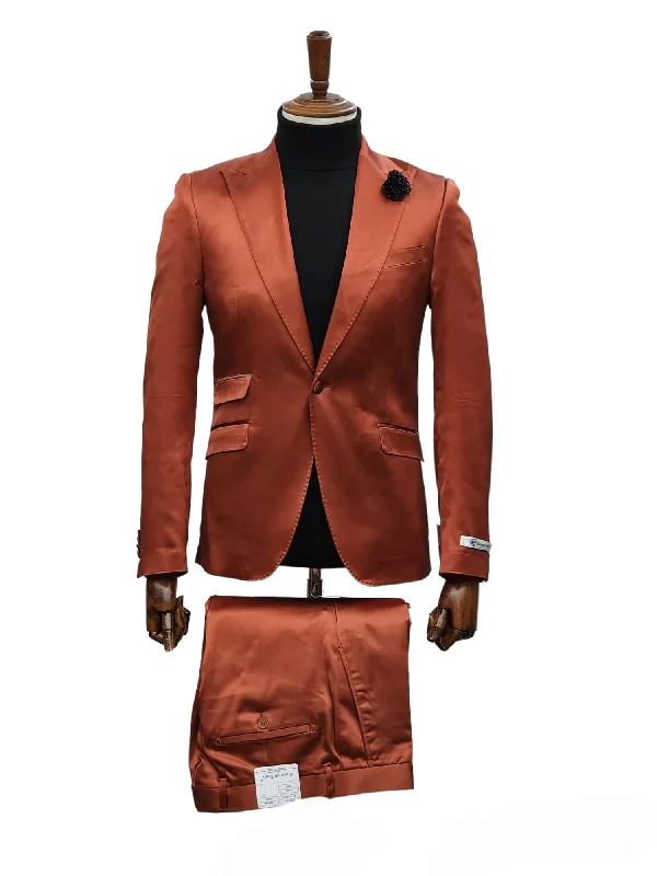 Relaxed Jackets Giovanni Testi 1 Button Peak Lapel Stretch Satin Slim Fit Suit GT1P-19035 BRICK