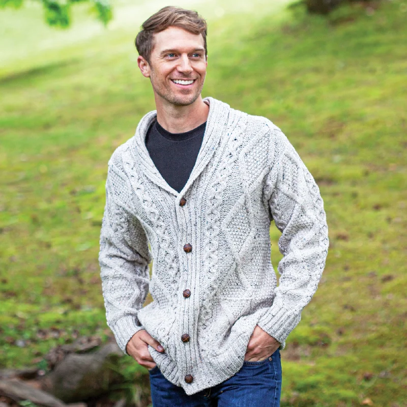 Modern Casuals Men's Aran Wool Shawl Collar Cardigan - Oatmeal