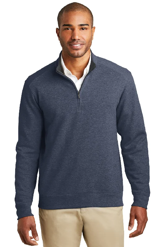 Warm Wear Port Authority Mens 1/4 Zip Long Sleeve Sweater - Heather Estate Blue