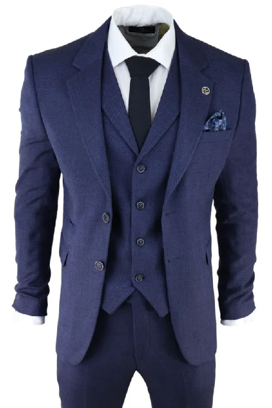 Sporty Jackets Men Tweed 3 Piece Blue Suit Winter Suit Wedding Prom Wear Party Wear Vintage Classic Bespoke Suit