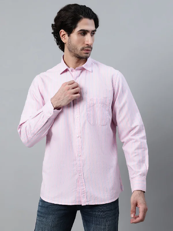 Soft Jackets Men's Pink Casual Narrow Stripe Full Sleeve Shirt
