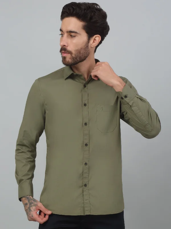 Active Essentials Men's Olive Green Casual Plain Stretch Full Sleeve Shirt