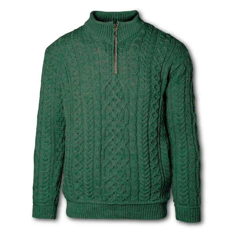 Sporty Wardrobe Quarter Zip Irish Aran Knit Sweater- Green