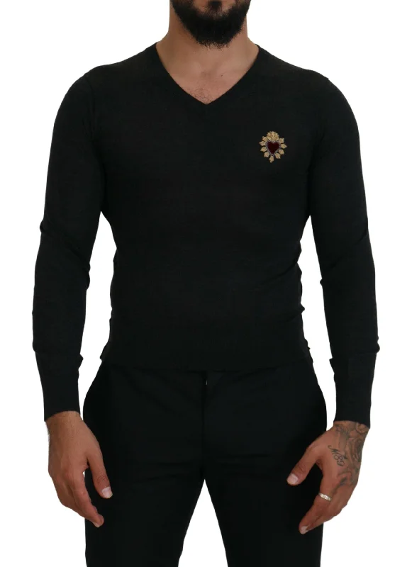 Easy Fit Dolce & Gabbana V-Neck Cashmere Sweater with Heart Men's Embroidery