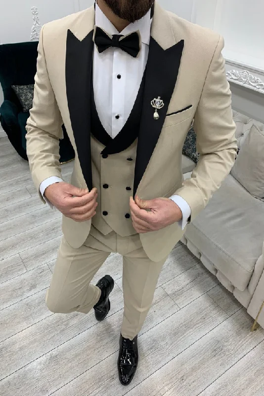 Casual Hoodies Men 3 Piece Beige Wedding Suit Tuxedo Formal Wear Elegant Slim Fit Suit Formal Party Wear Suit Gift For Him