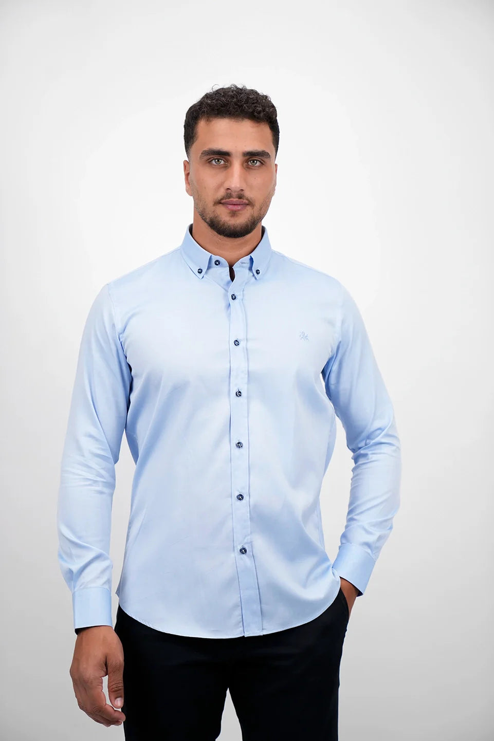 Sporty Wardrobe Blue Long Sleeved Shirt With Black Button To Close