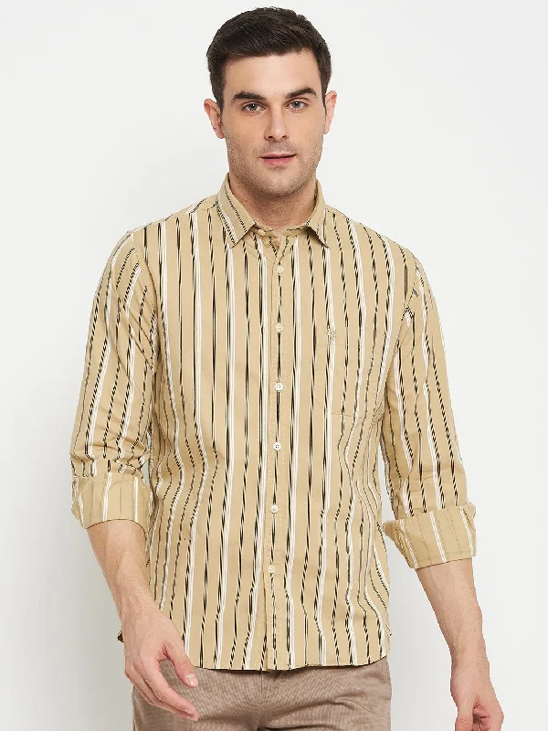 Stylish Tops Men's Khaki Casual Narrow Stripe Full Sleeve Shirt