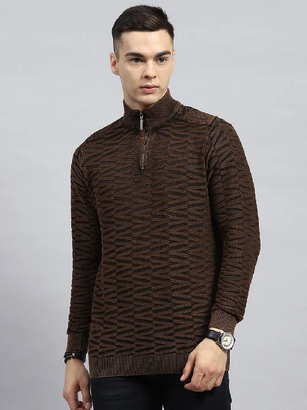 Soft Layers Men Brown Self Design High Neck Full Sleeve Pullover