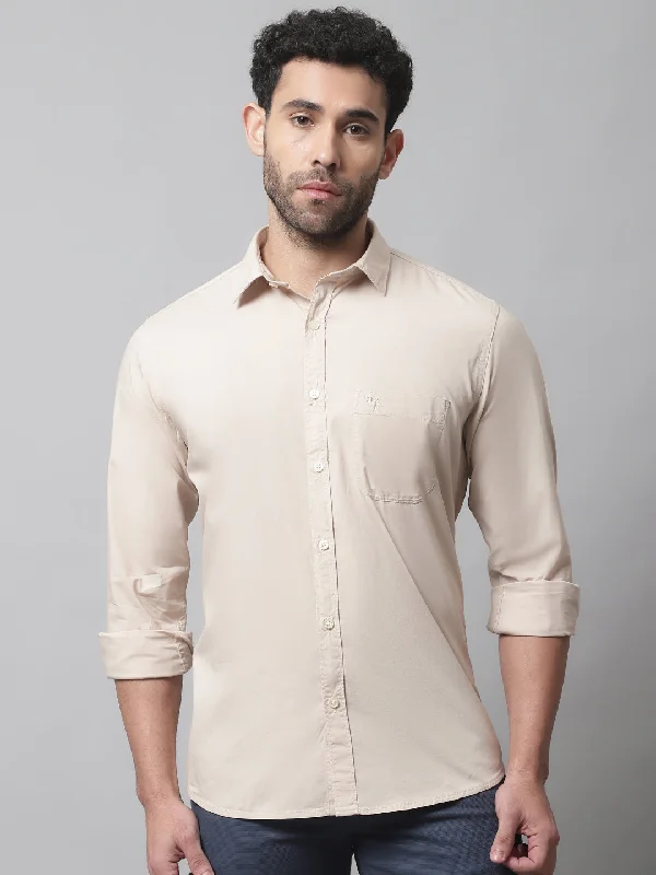 Simple Apparel Men's Beige Casual Plain Stretch Full Sleeve Shirt
