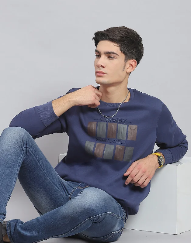 Smart Casual Wear Men Blue Printed Round Neck Full Sleeve Sweatshirt