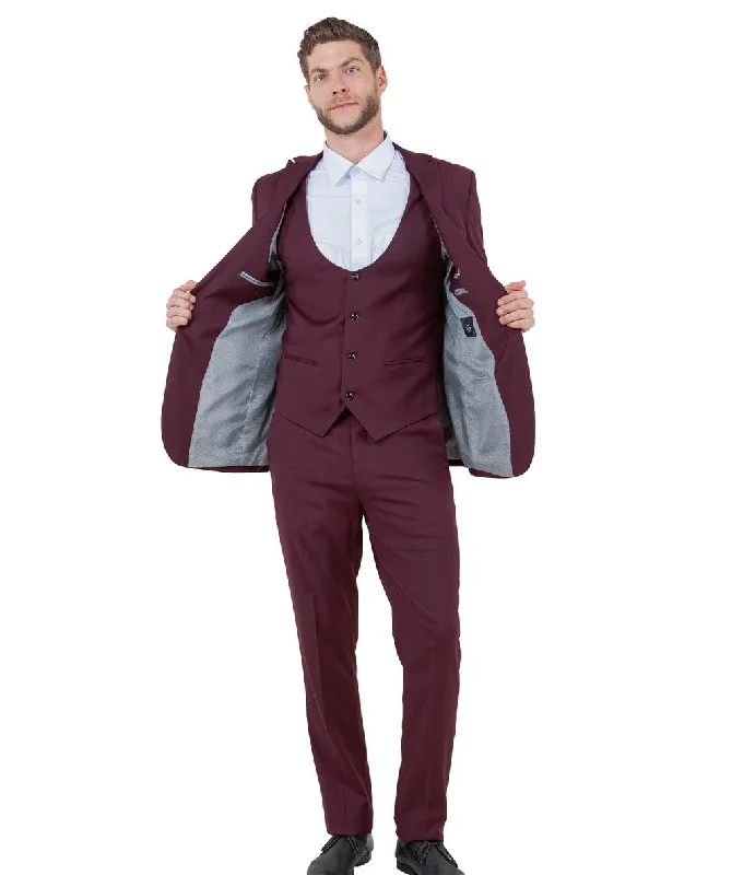 Cozy Sweaters Midas Collection: Ultra Slim Three-Piece Suit with Peak Lapel in Burgundy