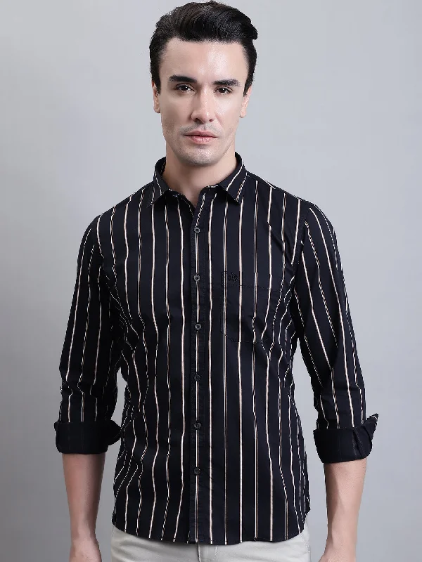 Warm Wear Men's Black Casual Broad Stripe Full Sleeve Shirt