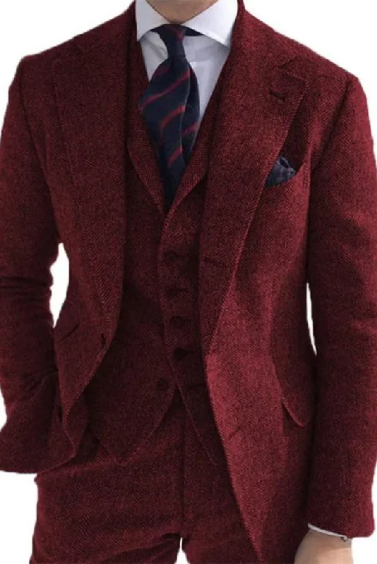 Fashion Pants Men Wine Tweed 3 Piece Suit Wedding Suit Winter Dinner Suit Formal Party Wear Bespoke Suit Gift For Him