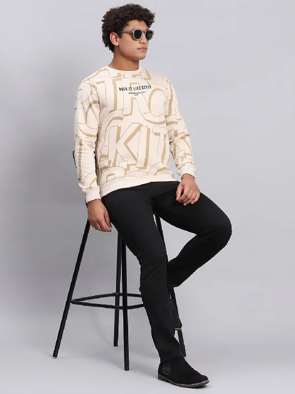 Timeless Style Men Beige Printed Round Neck Full Sleeve Sweatshirt