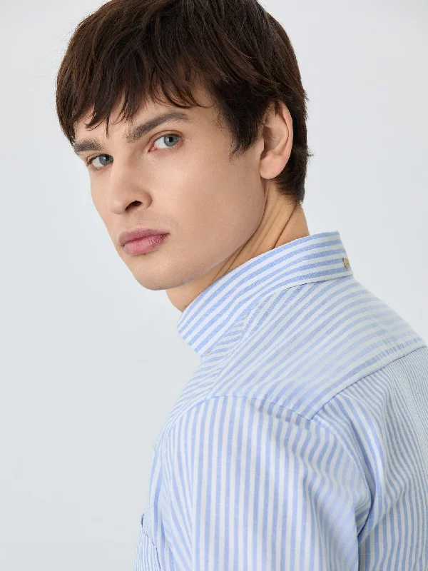 Urban Outfits Slim Fit Shirt With Chest Pocket In Cotton-linen Blend With Stripes