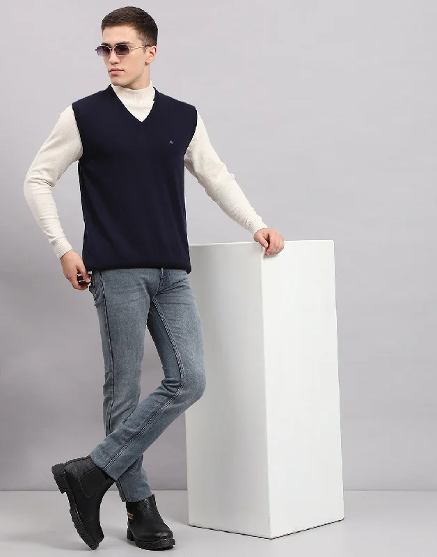 Simple Apparel Men Navy Blue Solid V Neck Sleeveless Sweater