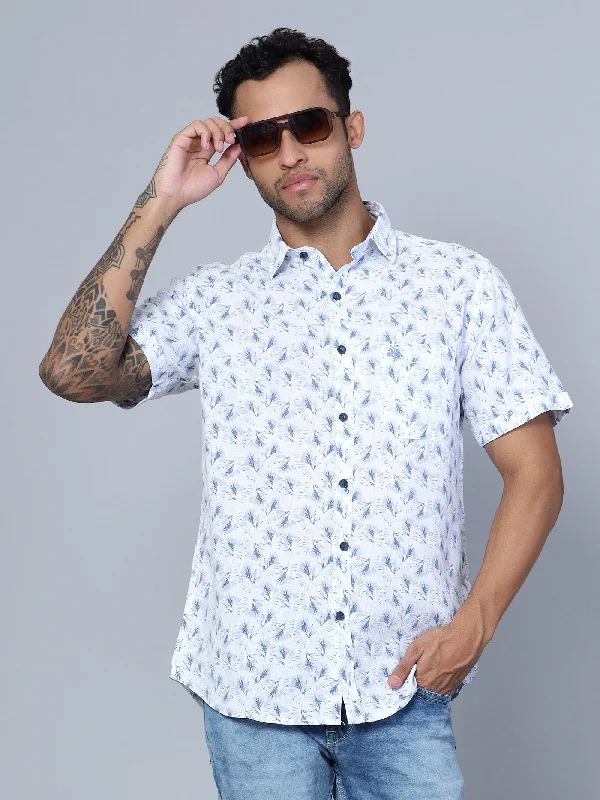 All-Weather Wear Men's White Casual Floral Print Half Sleeve Shirt