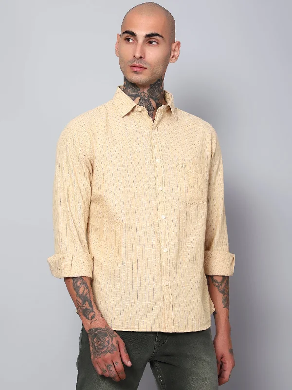 Comfy Styles Men's Light Brown Casual Thin Stripe Full Sleeve Shirt