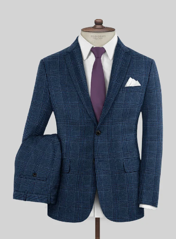 Premium Outerwear Reda Marine Blue Checks Wool Suit