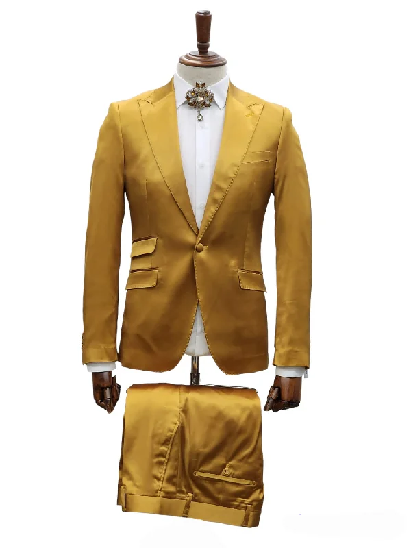 Premium Jackets Giovanni Testi 1 Button Peak Lapel Stretch Satin Slim Fit Suit GT1P-19035 Gold