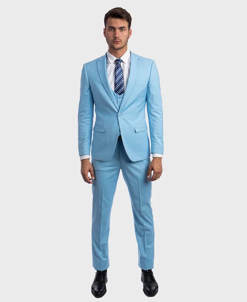 Comfy Outerwear Sky Blue 3 Piece Peak Lapel Suit