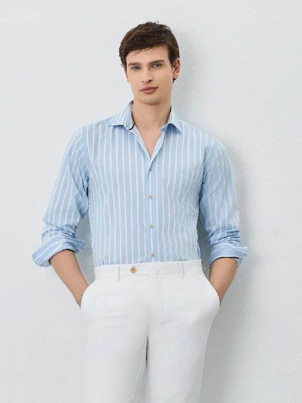 Functional Wear Slim Fit Shirt With Open Collar In BCI Cotton With Stripes