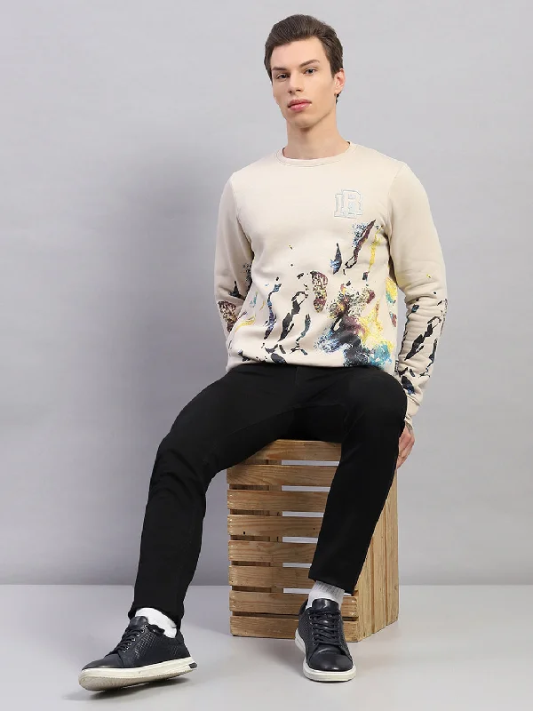 Timeless Style Men Beige Printed Round Neck Full Sleeve Sweatshirt