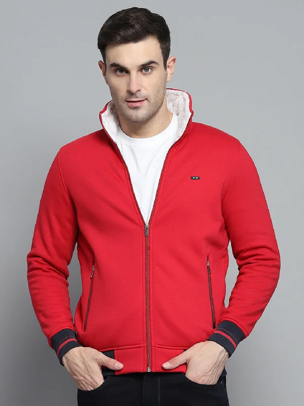 Modern Casuals Men Red Solid Collar Full Sleeve Sweatshirt