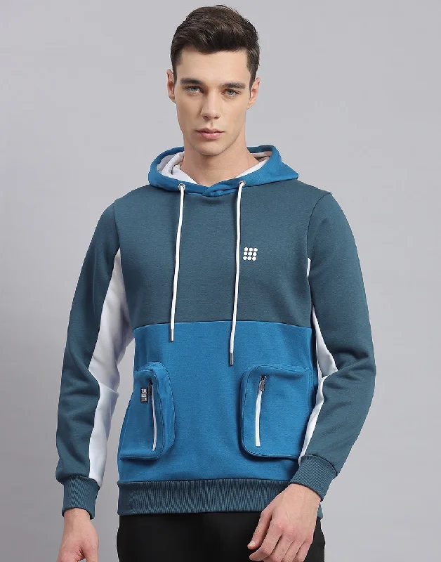 Active Tops Men Turquoise Blue Solid Hooded Full Sleeve Sweatshirt
