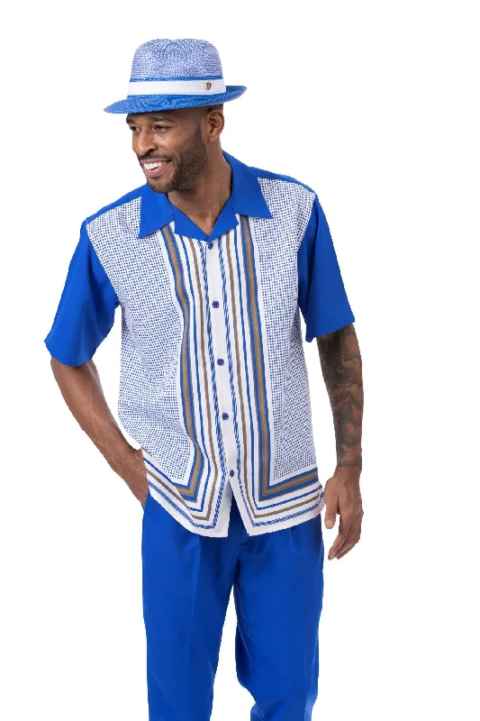 Casual Jackets Montique Mens Fancy  2 Piece Leisure Walking Suit Set Short Sleeve-Cobalt