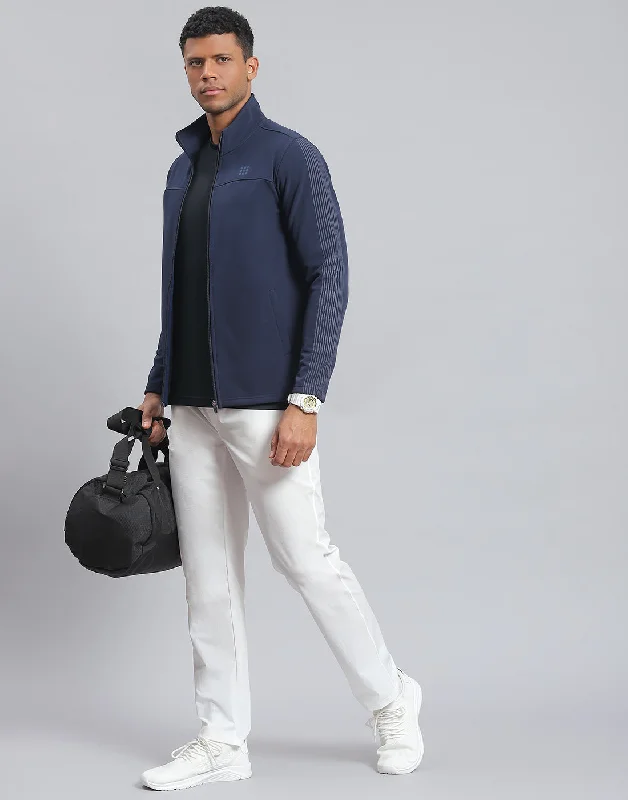 Casual Layers Men Navy Blue Printed Stand Collar Full Sleeve Sweatshirt