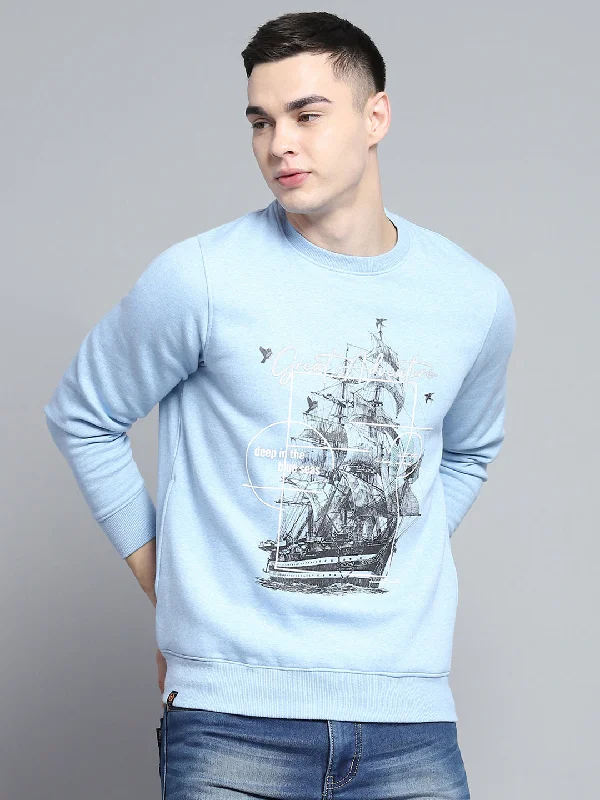 Cozy Basics Men Sky Blue Printed Round Neck Full Sleeve Sweatshirt