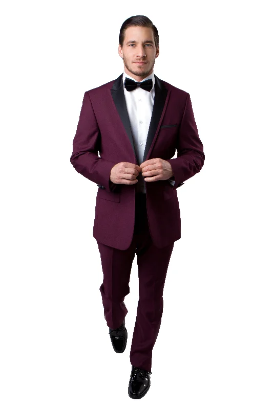 Comfortable Bottoms Burgundy Slim Fit Tuxedo with Black Satin Peak Lapel - MT187S-08