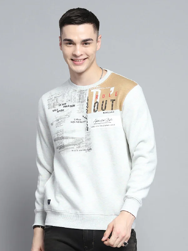 Soft Layers Men Grey Printed Round Neck Full Sleeve Sweatshirt