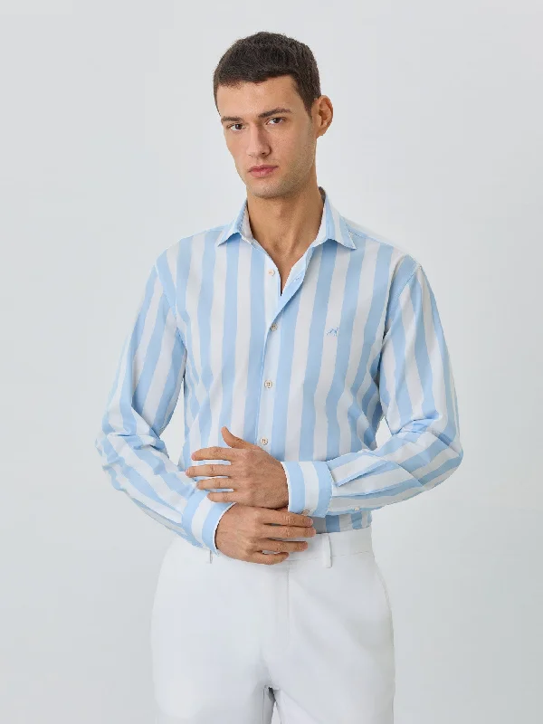 Smart Tops Slim Fit Shirt With Open Collar in BCI Cotton With Stripes