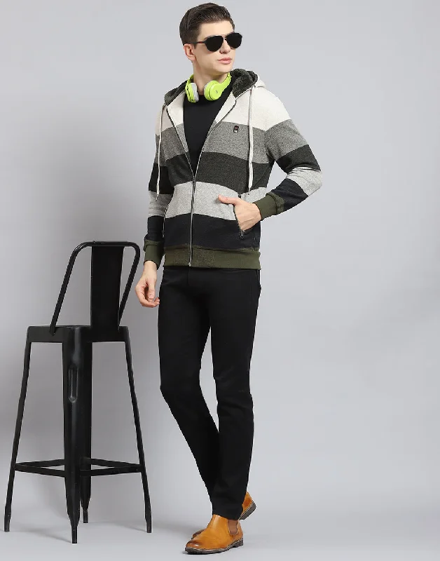Soft Jackets Men Beige Stripe Hooded Full Sleeve Sweatshirt