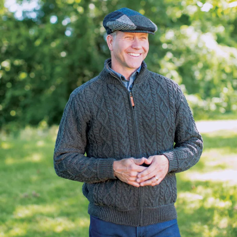 Classic Jackets Zip Up Aran Knit Cardigan- Charcoal