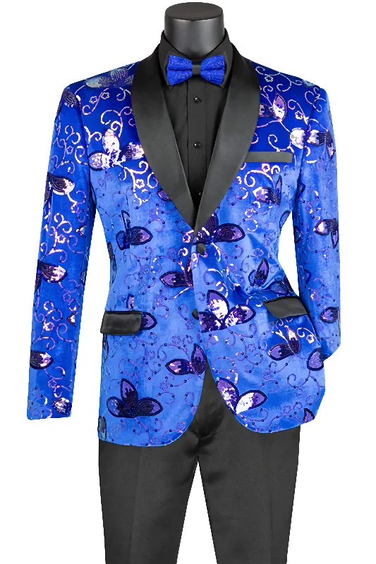 Modern Hoodies Royal Blue Slim Fit Velvet Sequin Floral Pattern Jacket