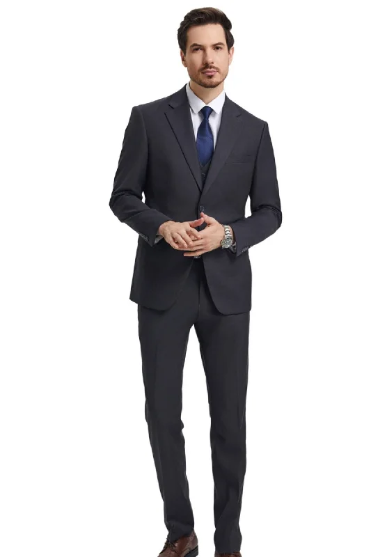 Fashion Sweaters Velourville Collection: Men's 3 Piece Solid Hybrid Fit Suit In Charcoal