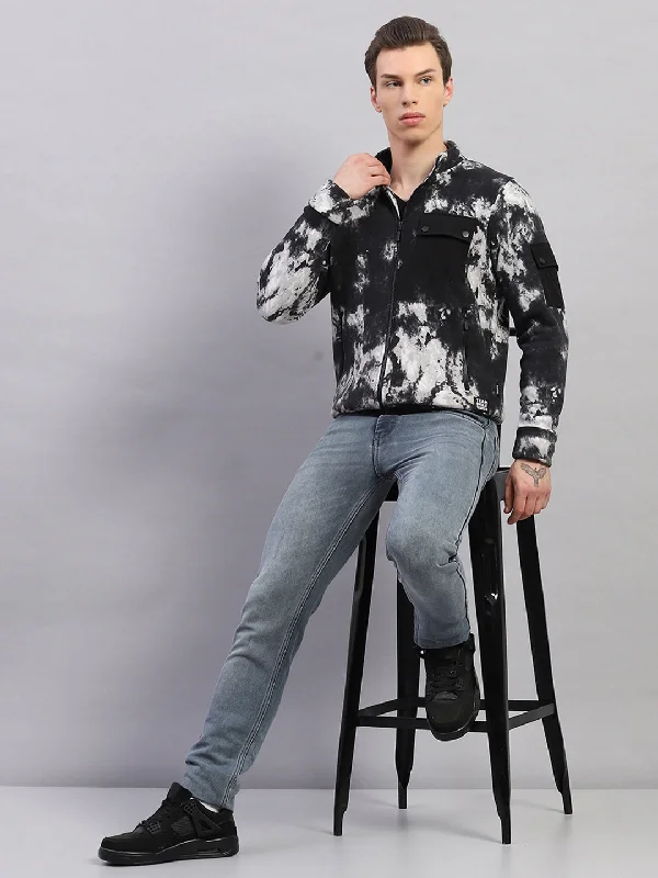 Comfy Outerwear Men Black Printed Mock Neck Full Sleeve Sweatshirt