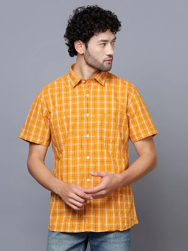Comfy Sweaters Men's Mustard Casual Medium Checks Half Sleeve Shirt