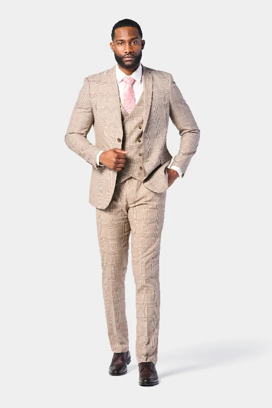 Comfortable Footwear Tan and Pink Plaid 3 Piece Suit