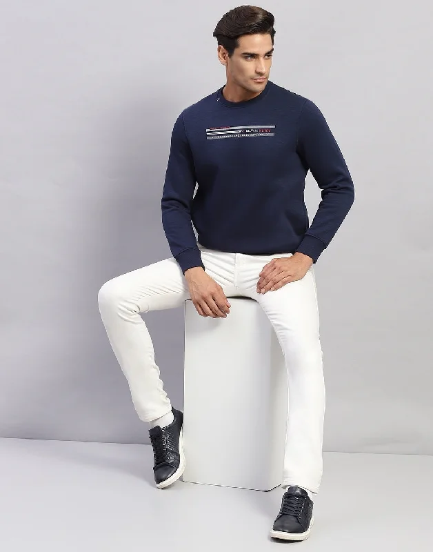 Comfortable Wearables Men Navy Blue Printed Round Neck Full Sleeve Sweatshirt