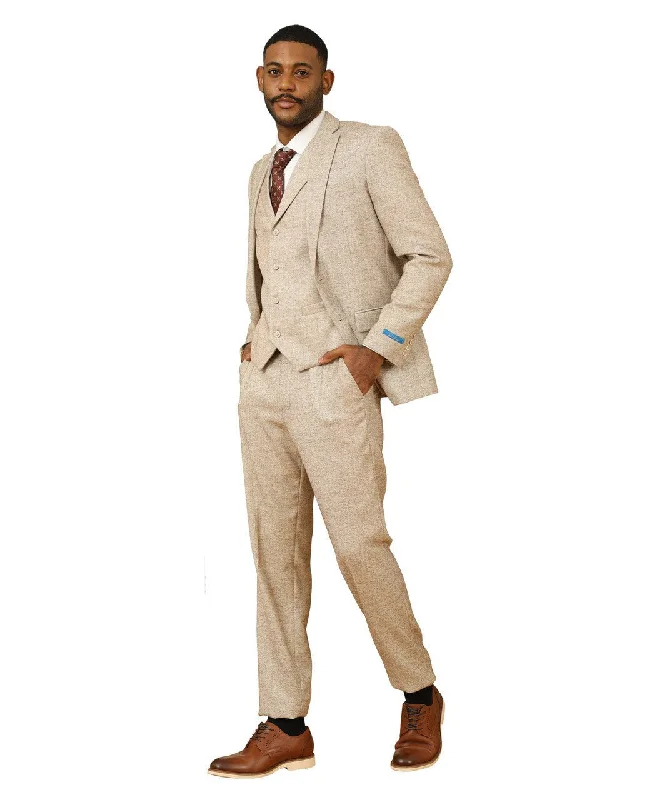 Fashion Jackets "Hybrid Fit" 3-Piece Tweed Suit with Notch Lapel by Sean Alexander - Beige