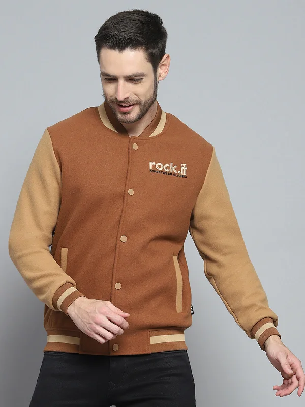 Relaxed Layers Men Rust Printed Band Collar Full Sleeve Sweatshirt