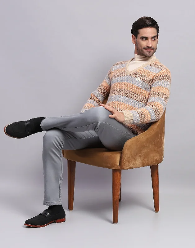 Cozy Essentials Men Camel Brown Self Design V Neck Full Sleeve Pullover