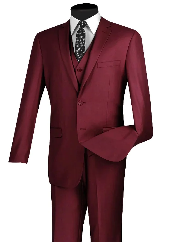 Casual Bottoms Slim Fit Suit 3 Piece 2 Button in Burgundy