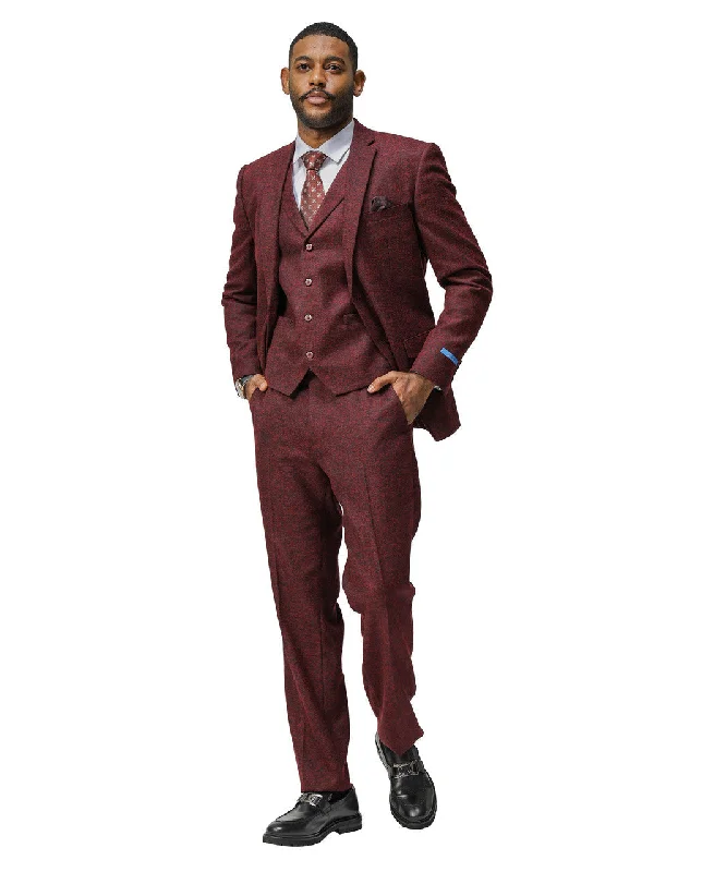 Trendy Pants "Hybrid Fit" 3-Piece Tweed Suit with Notch Lapel by Sean Alexander - Burgundy